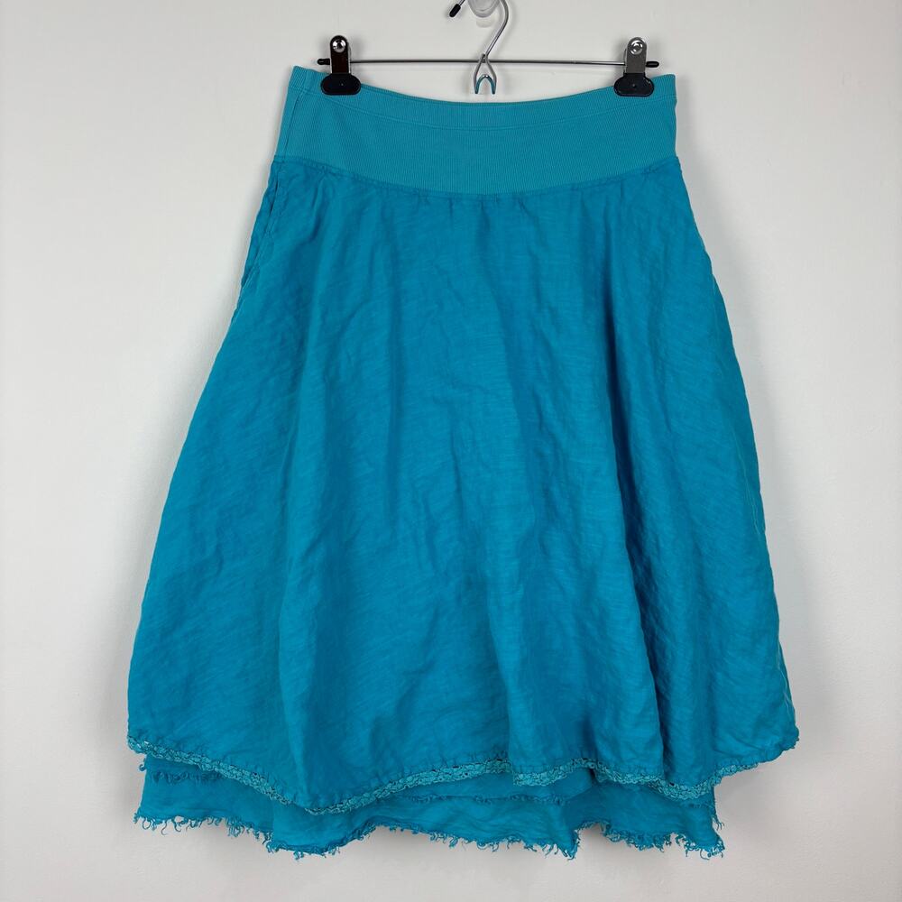 GRIZAS Blue 100% Linen Layered Tiered A-Line Skirt Medium Pockets lagenlook